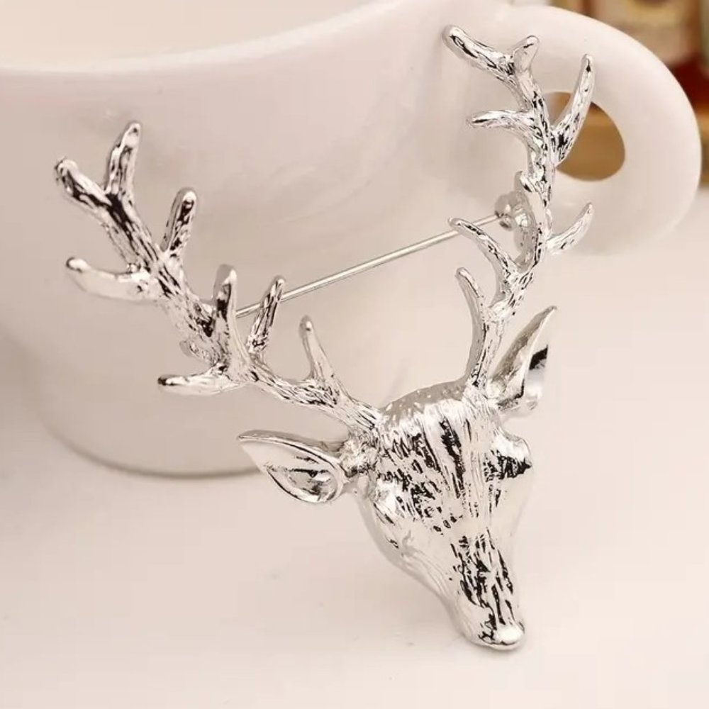 Brooch Elk Deer Buck Stag Pin Silver Hunt Holiday Trendy Statement Stylish Glam